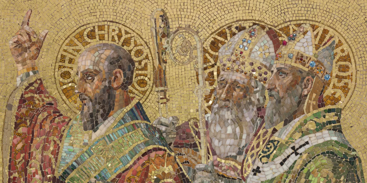 Fathers of the Church, ca. 1892. a Tiffany glass mosaic panel depicting three Christian saints.