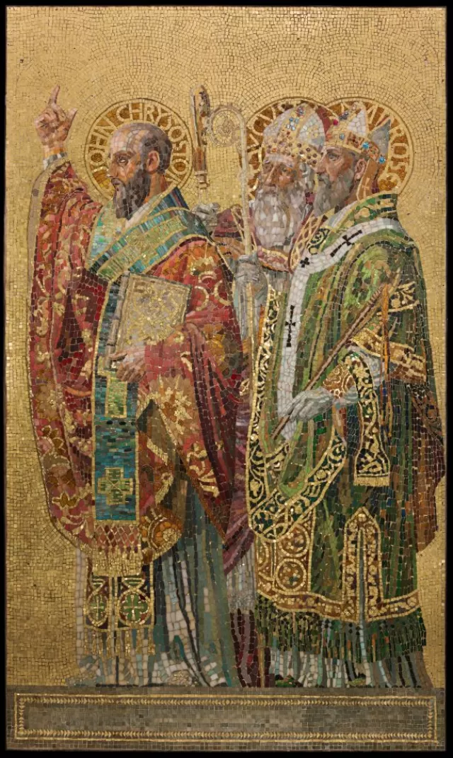 Tiffany glass mosaic depicting fathers of the Christian church in richly colored robes