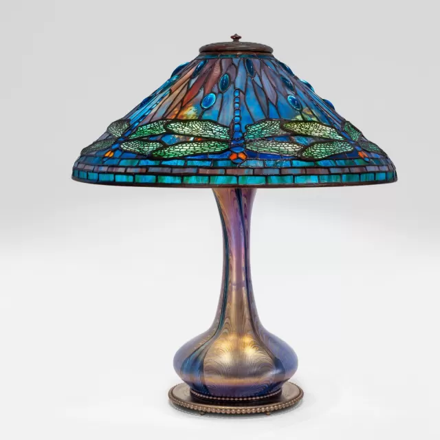 Cone-shaped Dragonfly Tiffany lampshade with blown glass base