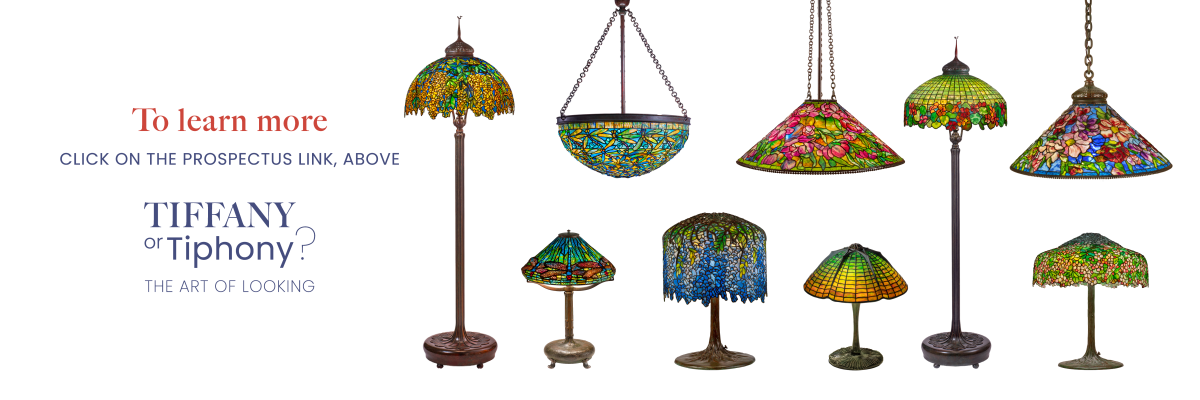 Exhibition title and images of various Tiffany lamps